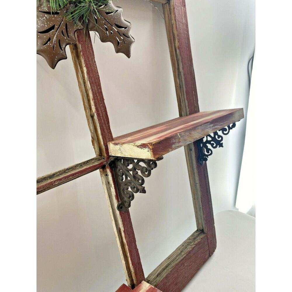 Vintage Red Barn Wood 4 Pane Window Wall Shelf Christmas Hollyberry Shadow Box - Picture 3 of 12